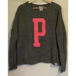 PINK Victorias Secret Varsity Logo Sweater Womens Medium Gray Acrylic Wool Knit